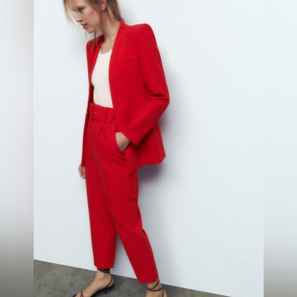 NWT Zara M business SUIT SET RED lapelless BLAZER+PANTS - Picture 2 of 6